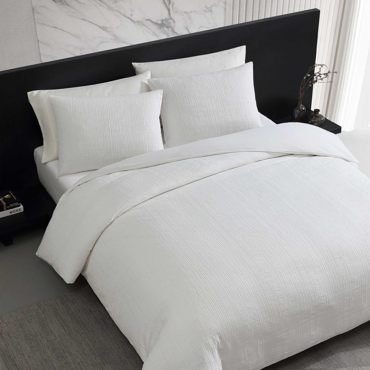 Grid Pattern Comforter Set with Matching Shams - Bark Texture White Queen
