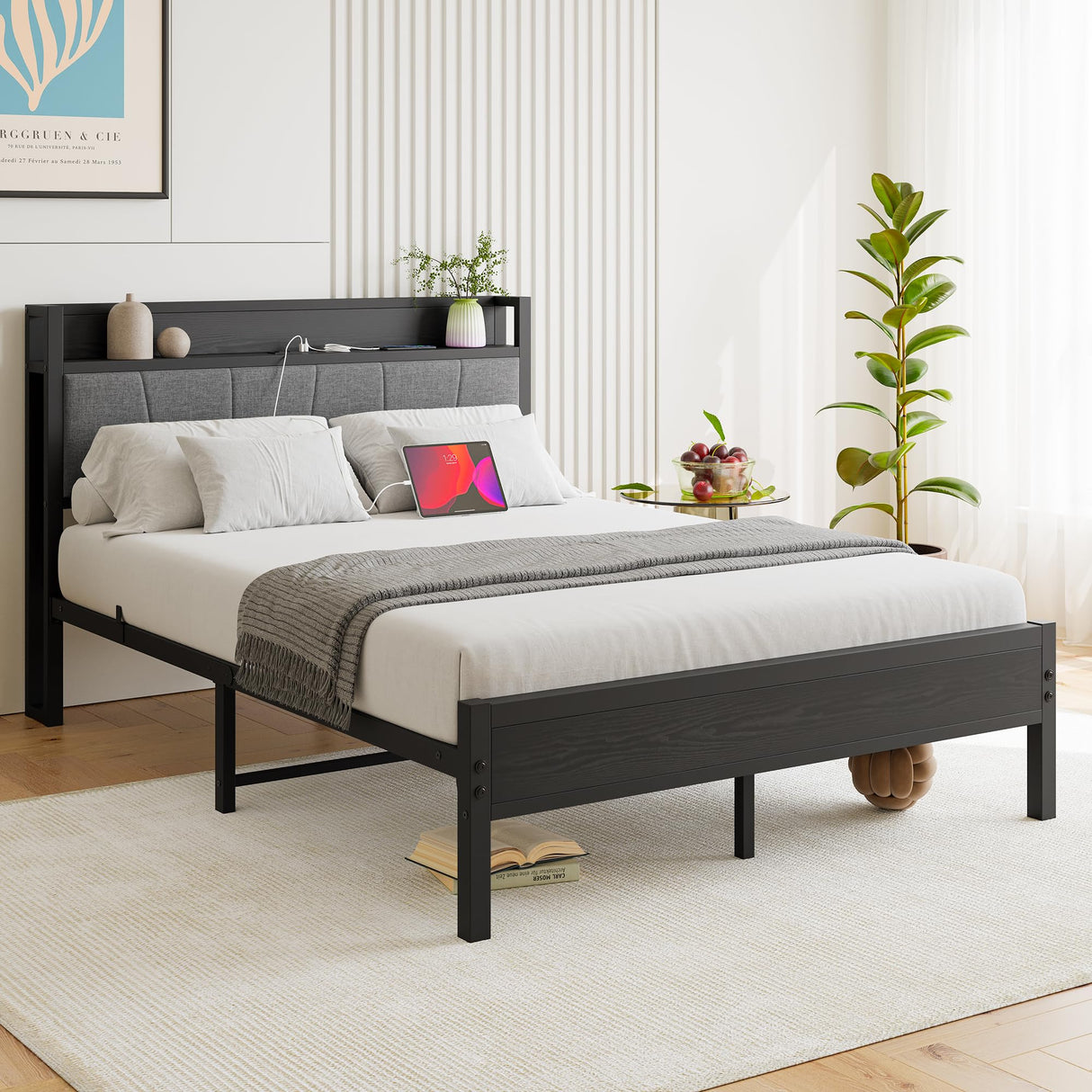 BOFENG Black Full Size Bed Frame with Storage Headboard,Metal Upholstered Platform