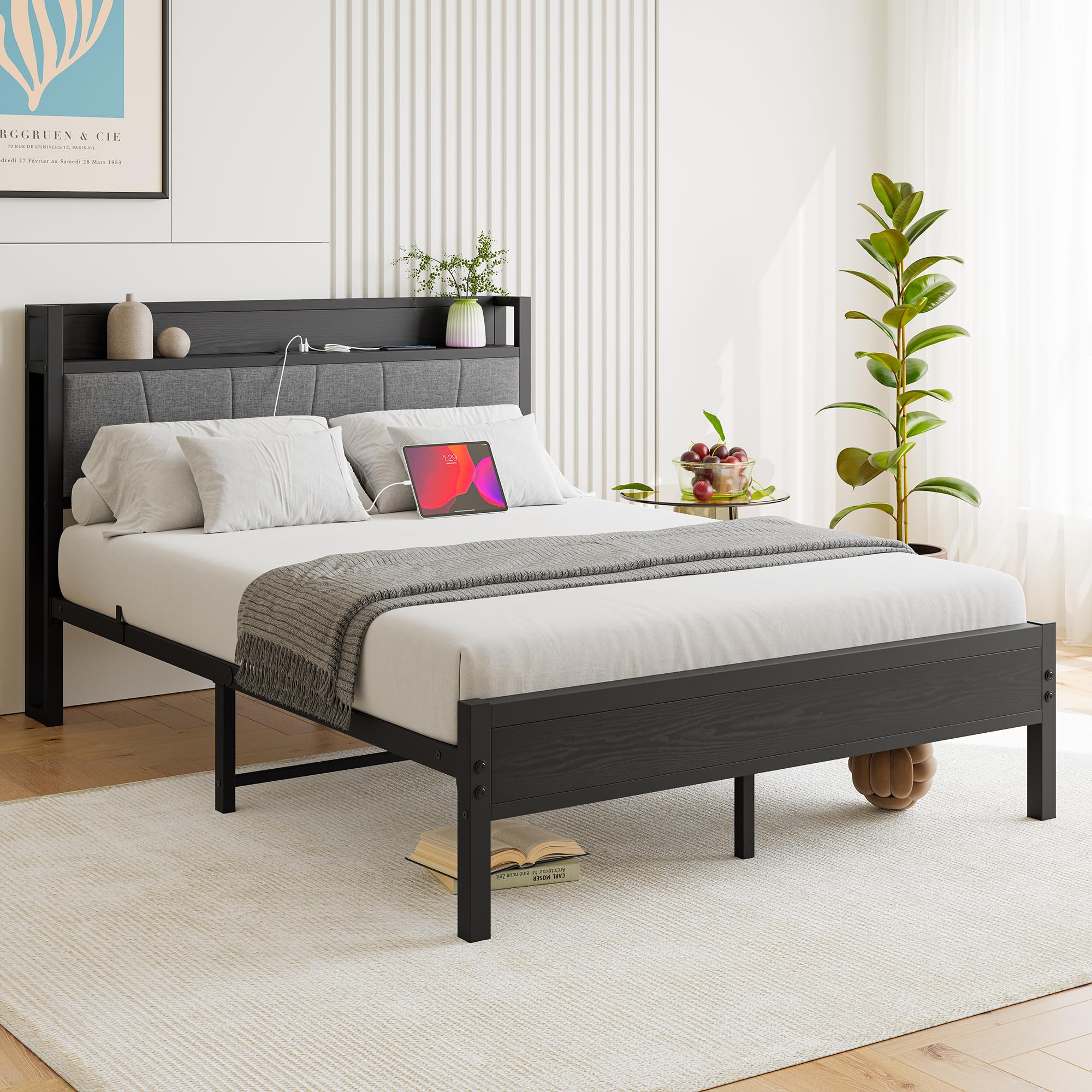 BOFENG Black Full Size Bed Frame with Storage Headboard,Metal Upholstered Platform
