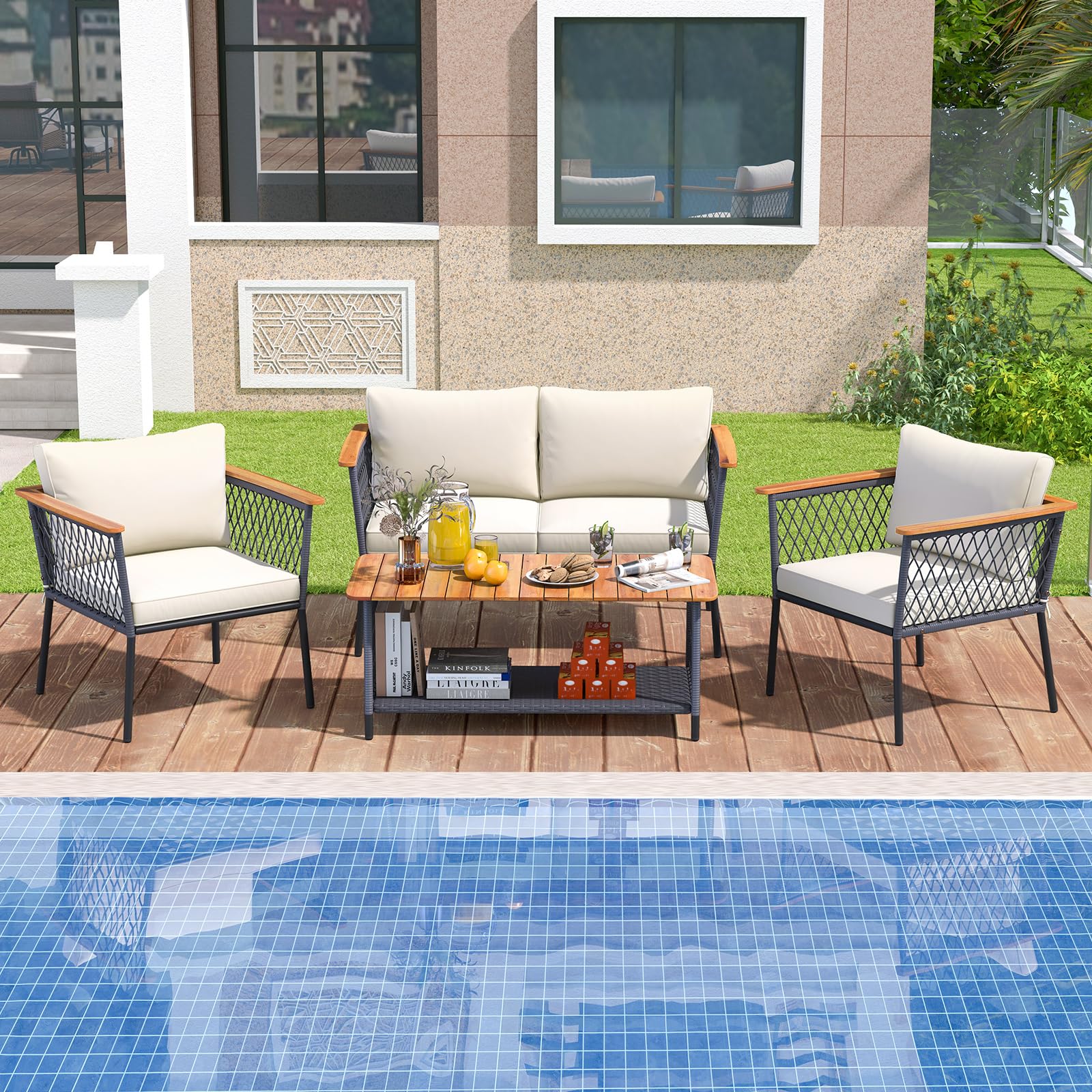 4 Piece Patio Furniture Set, Patiojoy Rattan Chair Set w/ 2-Tier Coffee Table