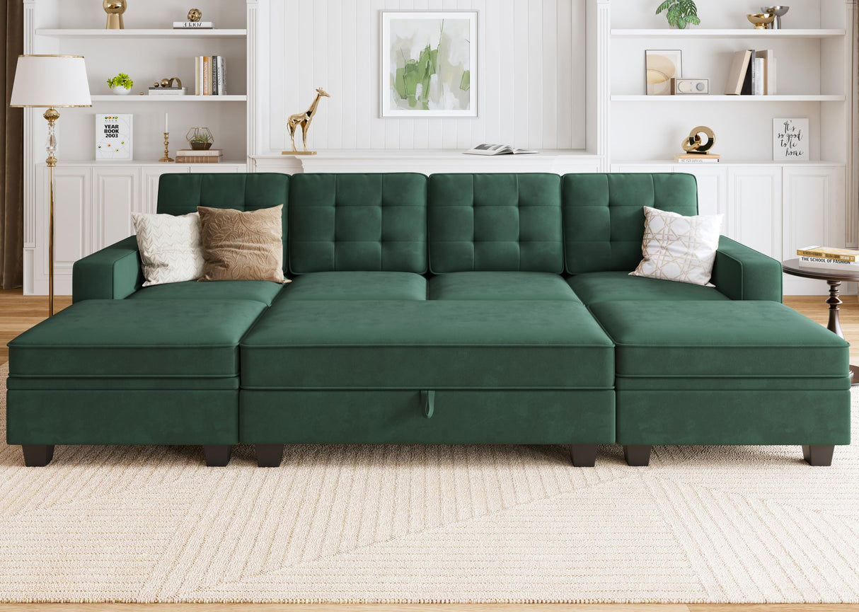 Sectional Sleeper Sofa Velvet U Shaped Couch with Storage Ottomans for Living Room