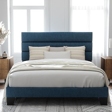 King Size Platform Bed Frame with Fabric Upholstered Headboard