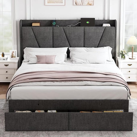 Queen Bed Frame with Headboard and Storage, Upholstered Bed Frames with Charging