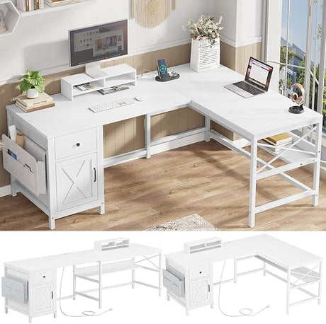 63" L Shaped Desk, Convertible Long Home Office Desk or Corner De