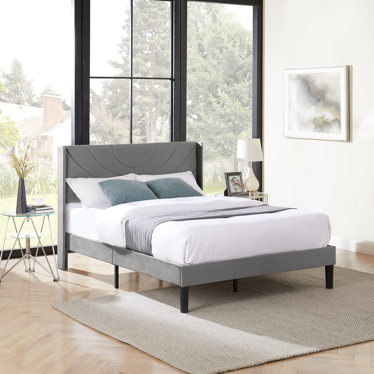 Queen Size Upholstered Platform Bed Frame with Fabric Headboard