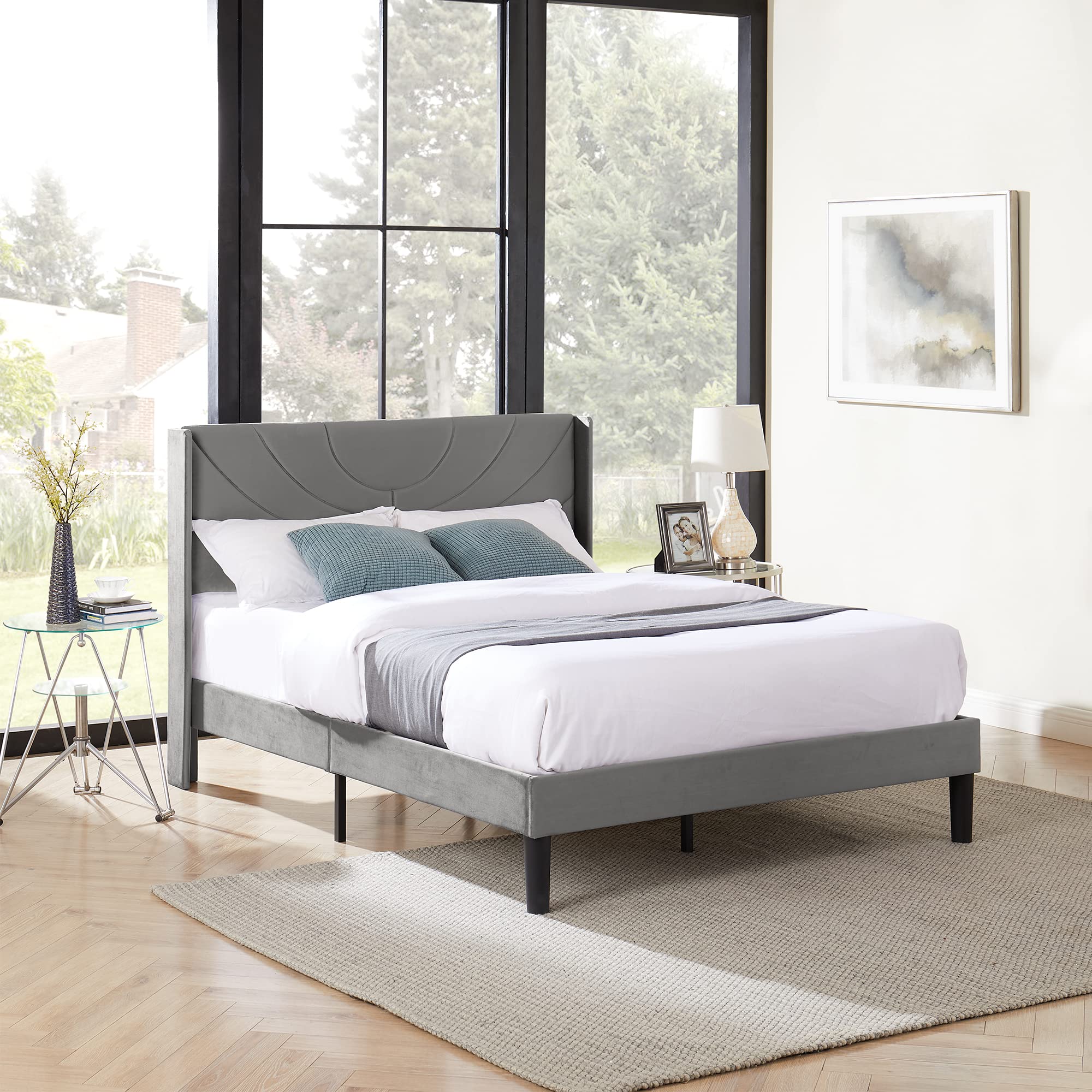 Queen Size Upholstered Platform Bed Frame with Fabric Headboard