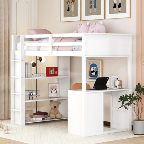 Twin Loft Bed with Desk and Four Storage Shelves and 5 Drawers, Wood Loft Beds Frame