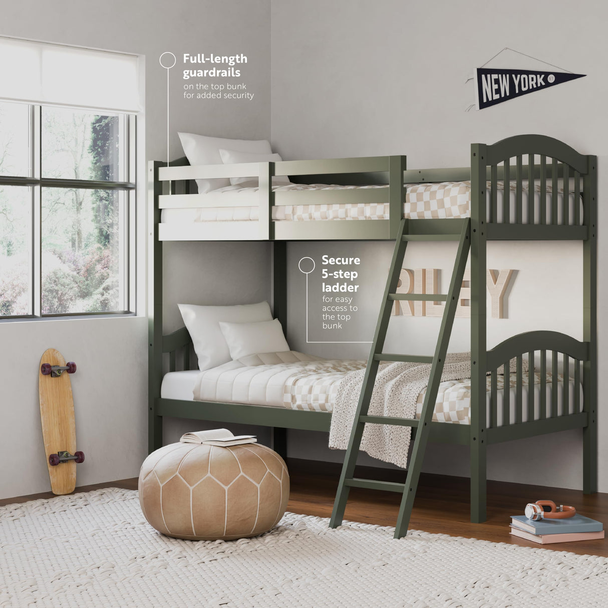 Twin-Over-Twin Bunk Bed (Olive) - GREENGUARD Gold Certified, Converts to 2 Individual