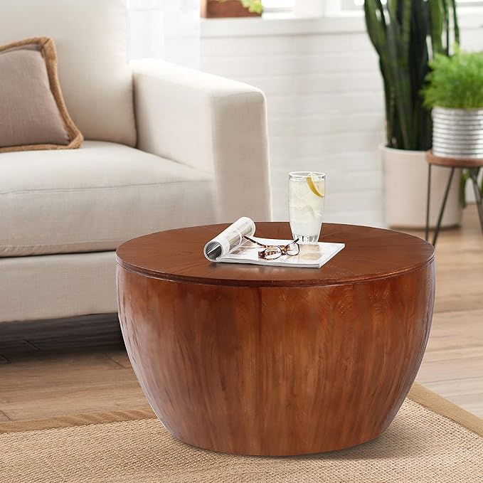 31.50" Vintage Style Bucket Shaped Coffee Table, Drum Coffee Table for Office