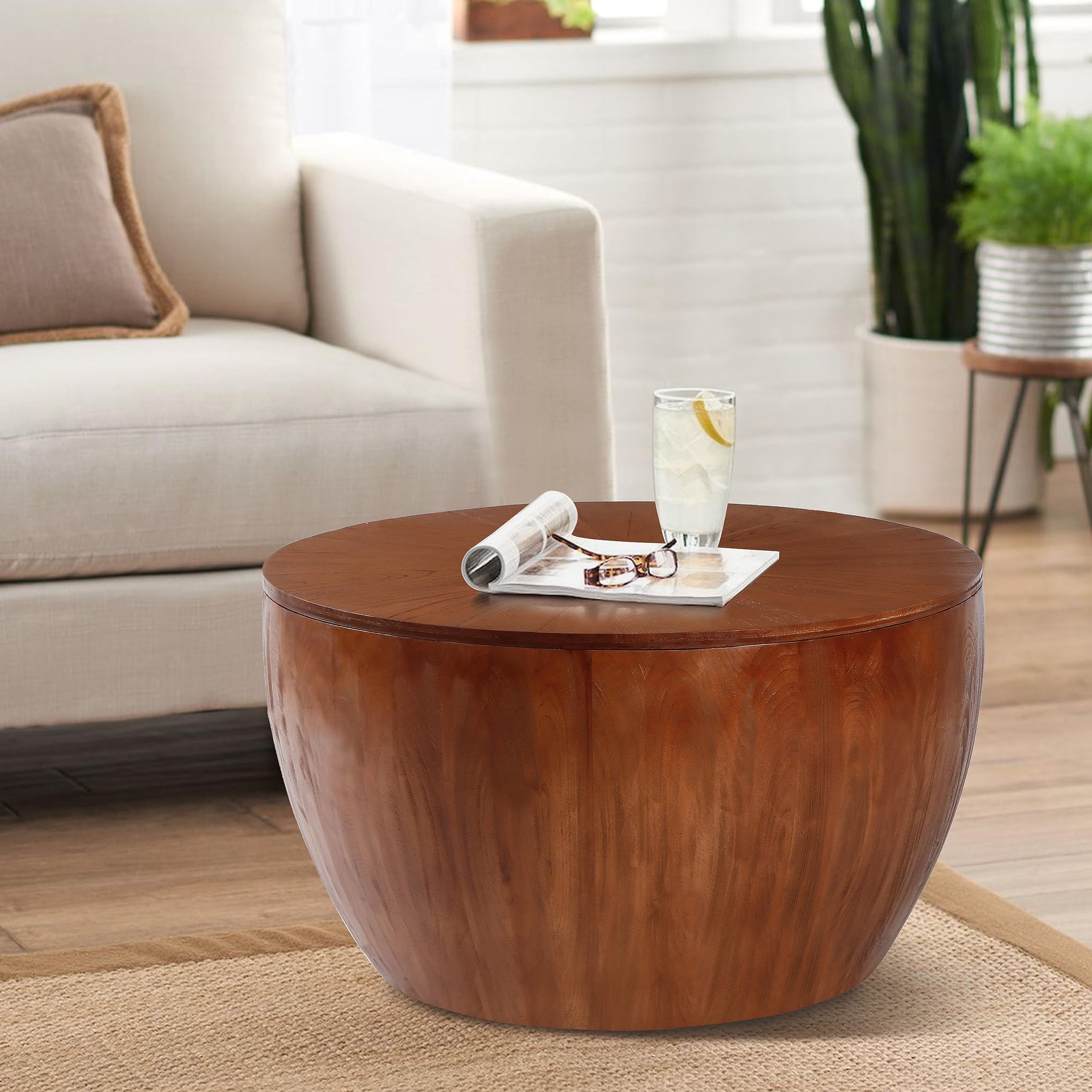 31.50" Vintage Style Bucket Shaped Coffee Table, Drum Coffee Table for Office