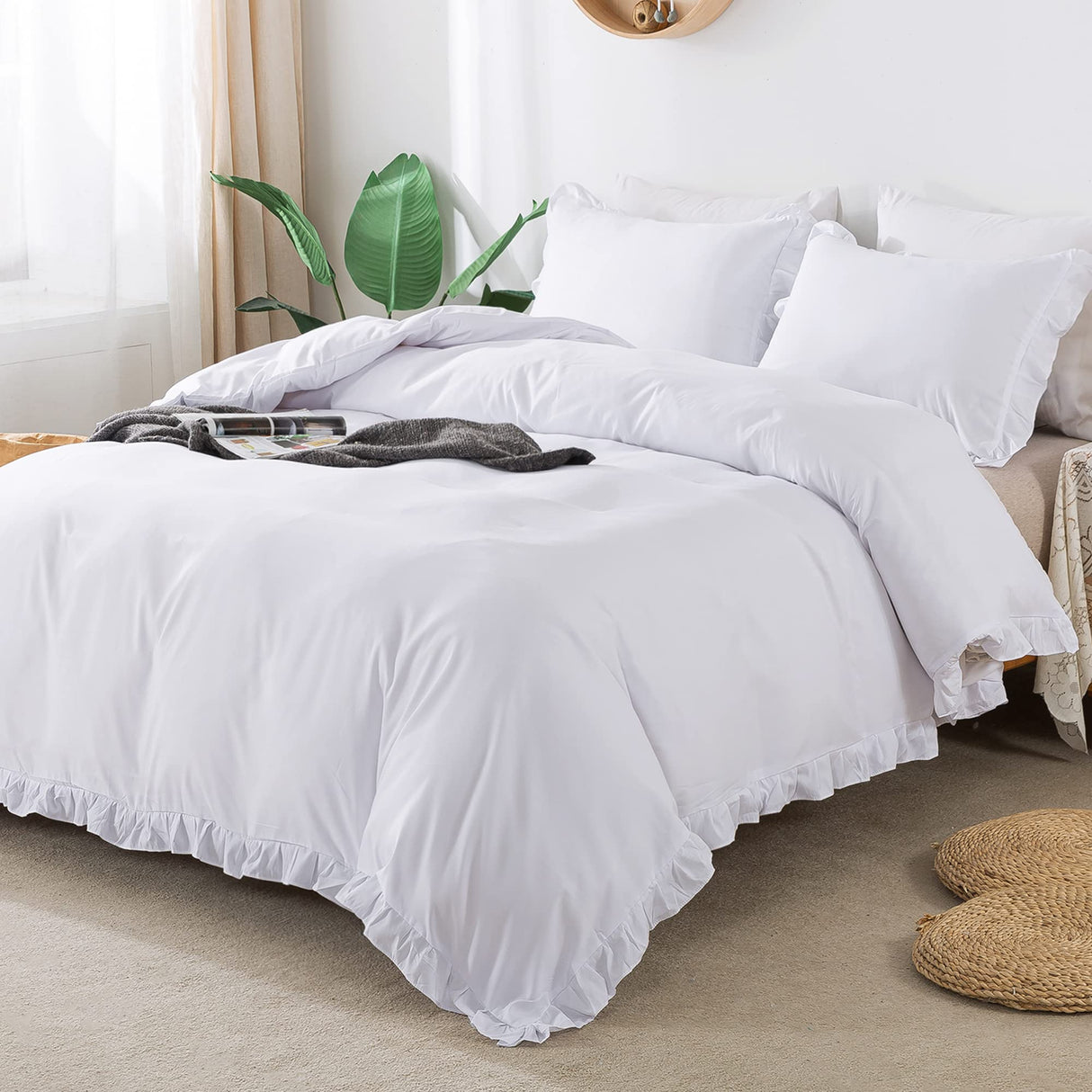 White Duvet Cover Queen(90x90Inch), 3 Pieces Ruffle Farmhouse Shabby Chic Duvet