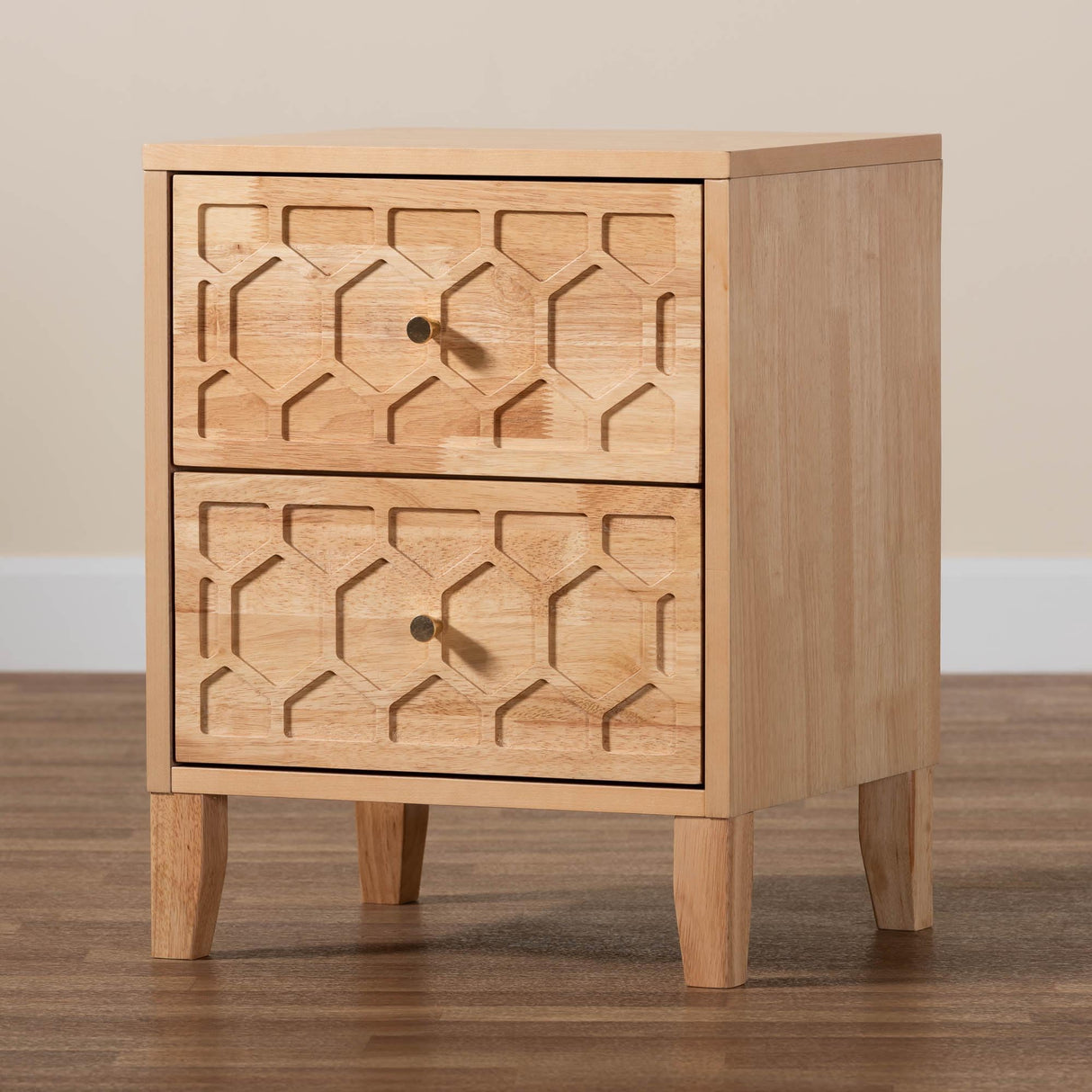 Baxton Studio Hosea Carved Honeycomb Nightstand, 2-Drawer, Natural