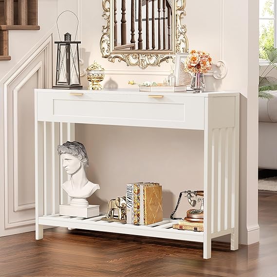 Console Table with Drawers - Narrow Entryway Table with Storage Shelf