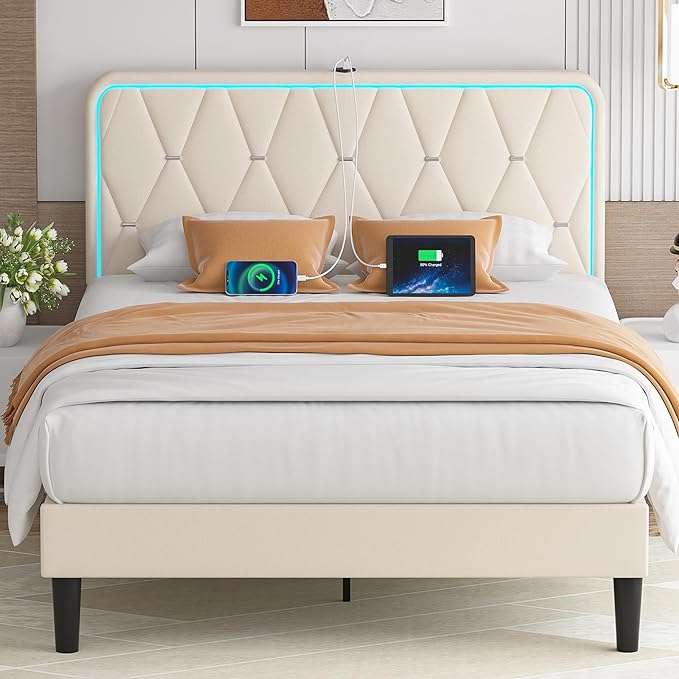 Upholstered Queen Bed Frame with Headboard Adjustable,