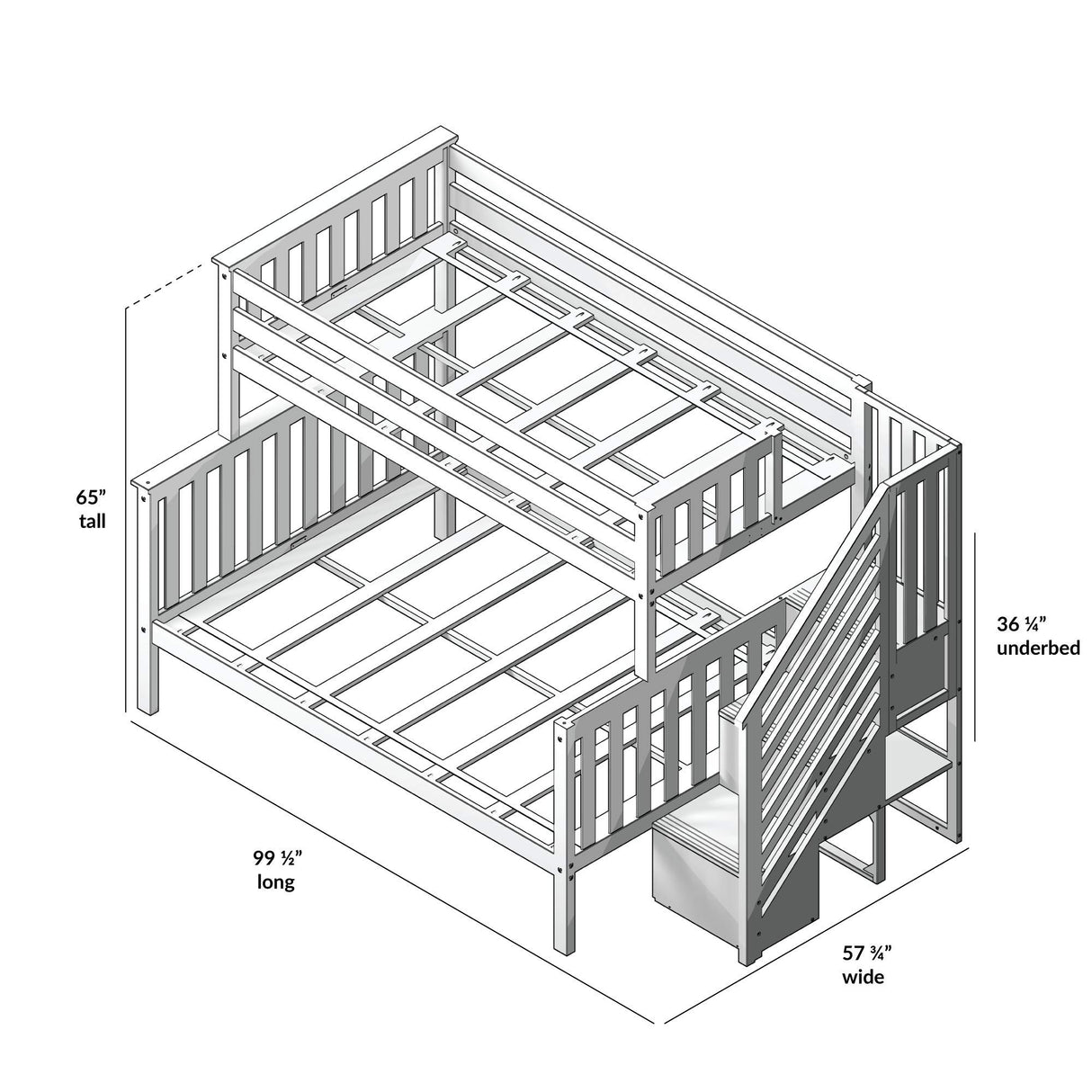 Twin-Over-Full Bed Frame For Kids With Stairs, White