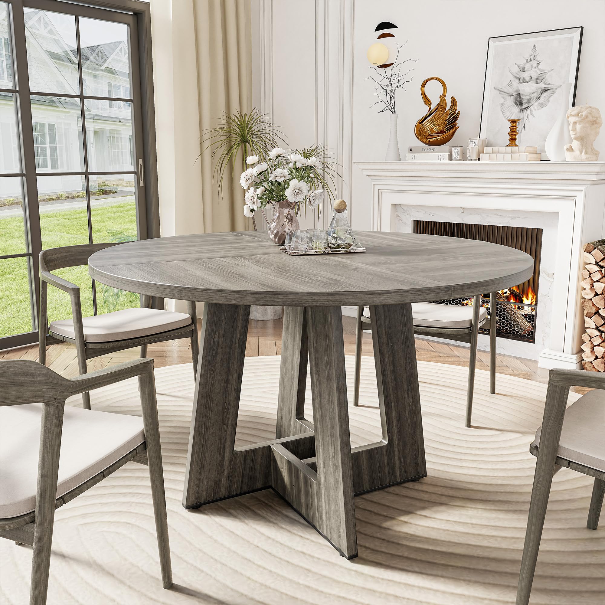 47 Inch Round Dining Table for 4 with Wooden Pedestal Base
