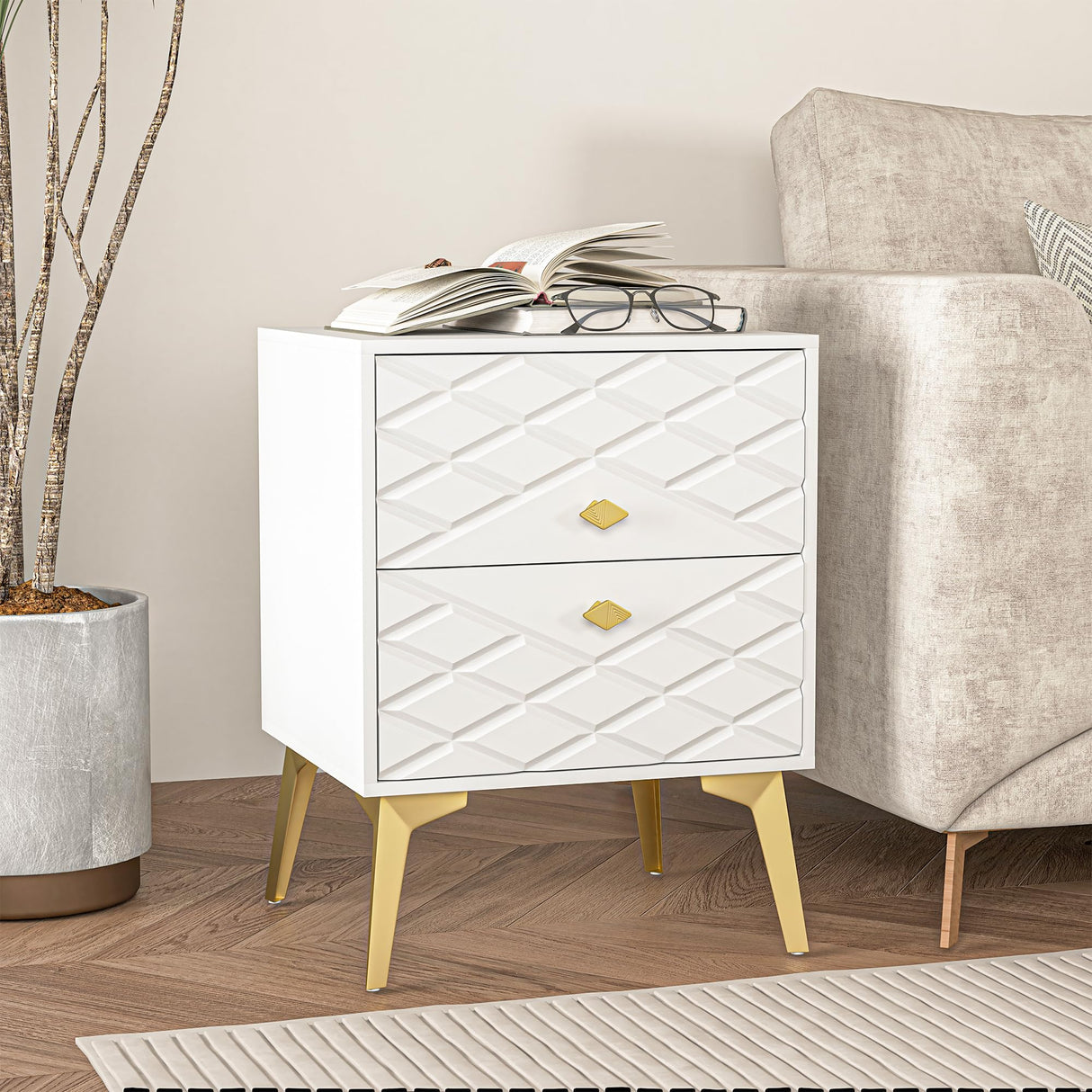 White Nightstand Set of 2, Modern Bedside Table with Gold Handles and Legs, Wood Night Stand End Table with 2 Drawers for Bedroom, Living Room