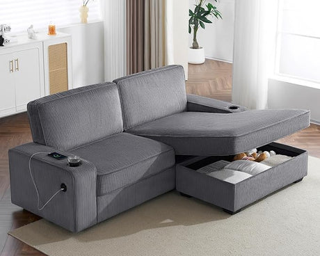 89 Inch Convertible Couch, L Shape Couch with USB Charging Port & Cup Holders