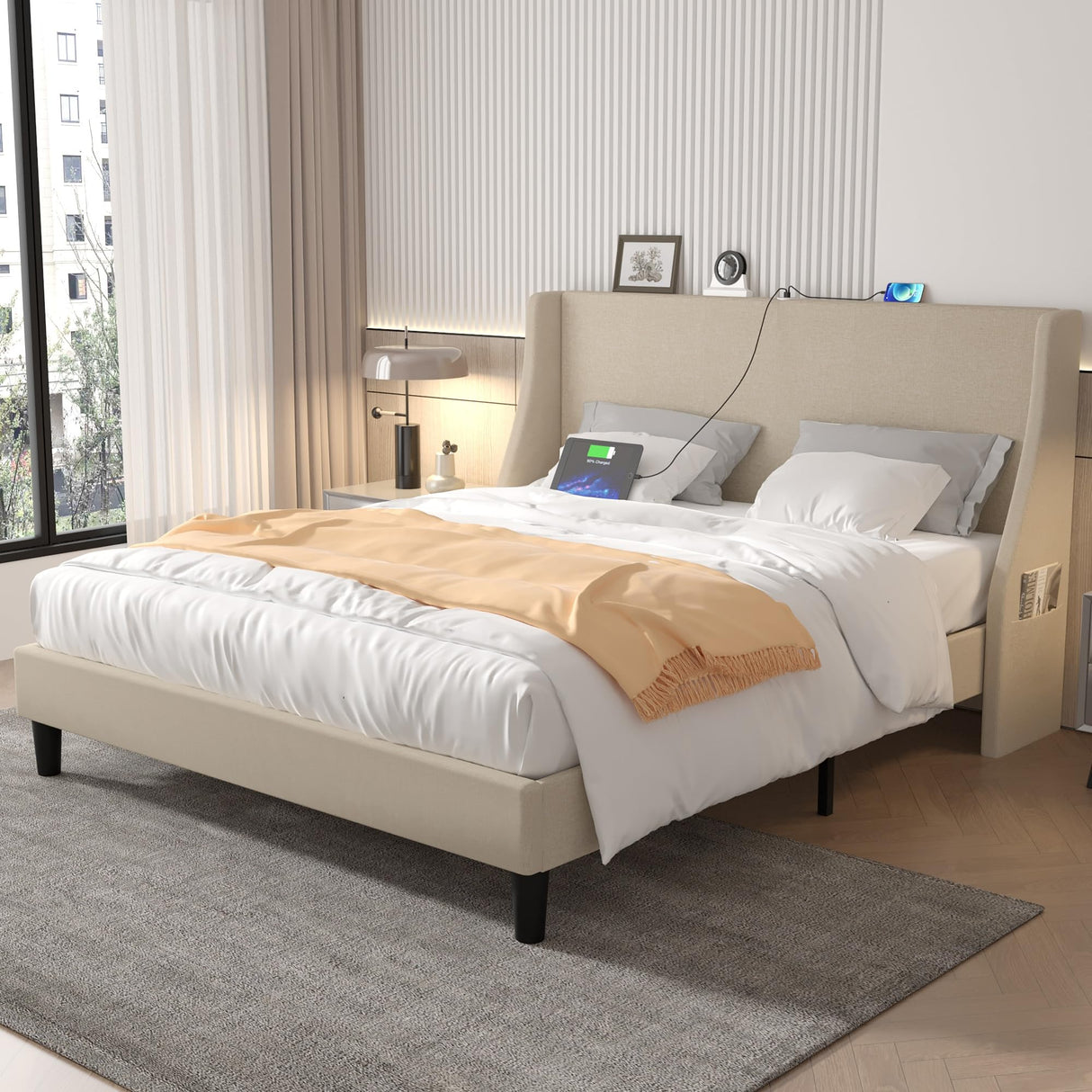 Full Bed Frame with Upholstered Wingback Headboard