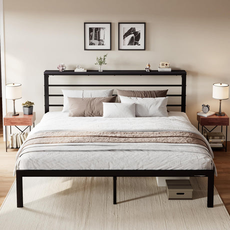 King Size Bed Frame with Headboard Shelf, Heavy Duty Platform Bed Frame with Strong