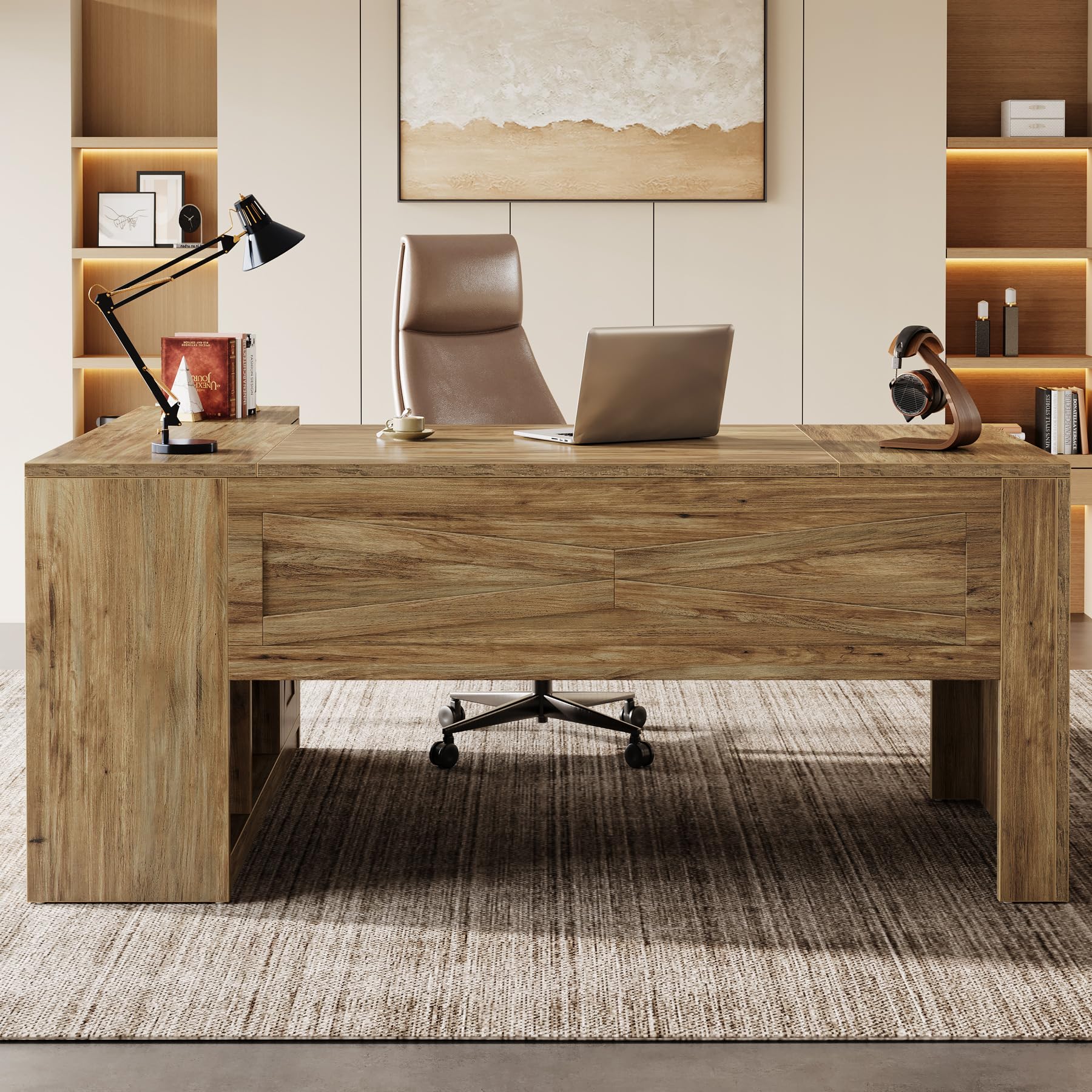 70.8" L-Shaped Executive Desk, Large Office Computer Table with File Cabinet