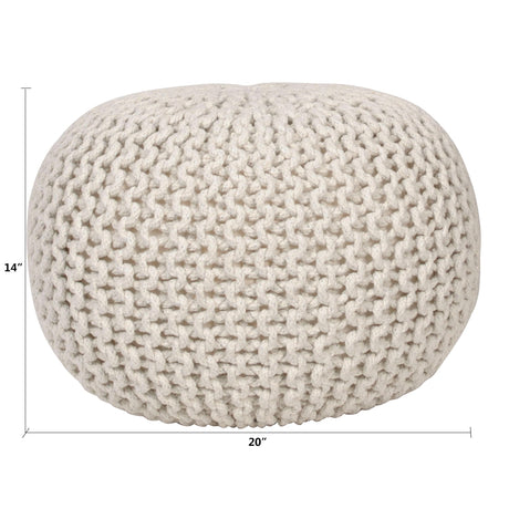 Lola Round Knit Lurex Yarn and Cotton Pouf, Off-White 20x20x14