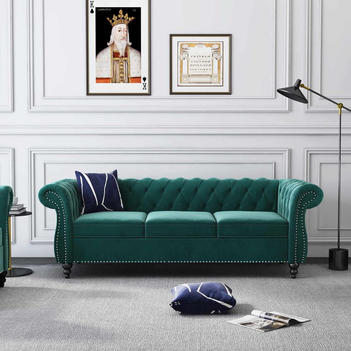 Chesterfield Classic Sofa, Modern Velvet 3 Seater Sofa, Upholstered Tufted Back Settee