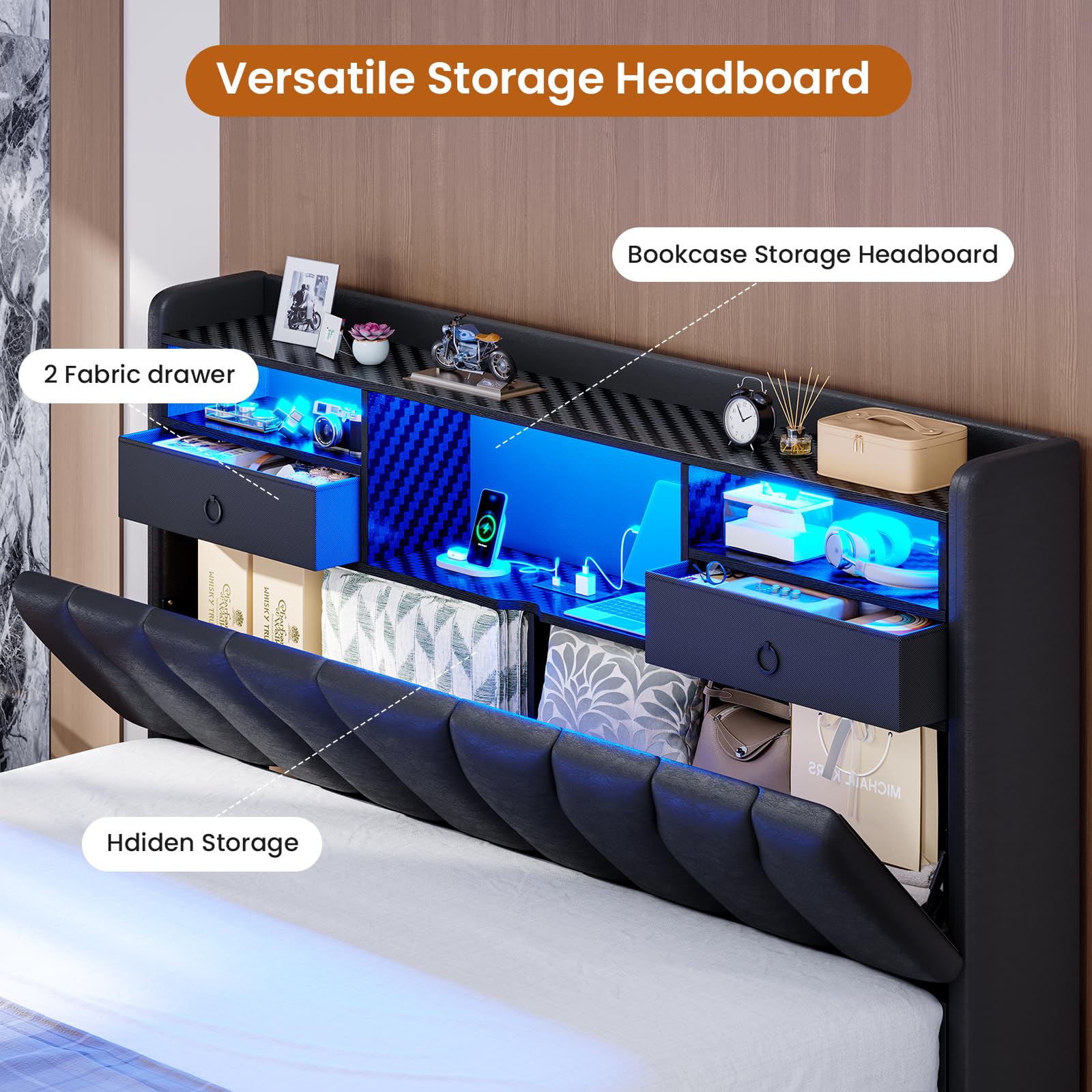 Queen Gaming Bed with RGB Lights & Storage