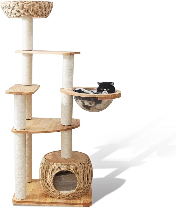 54" Modern Cat Tree Tower for Indoor Cats, Solid Oak Cat Scratching Tree