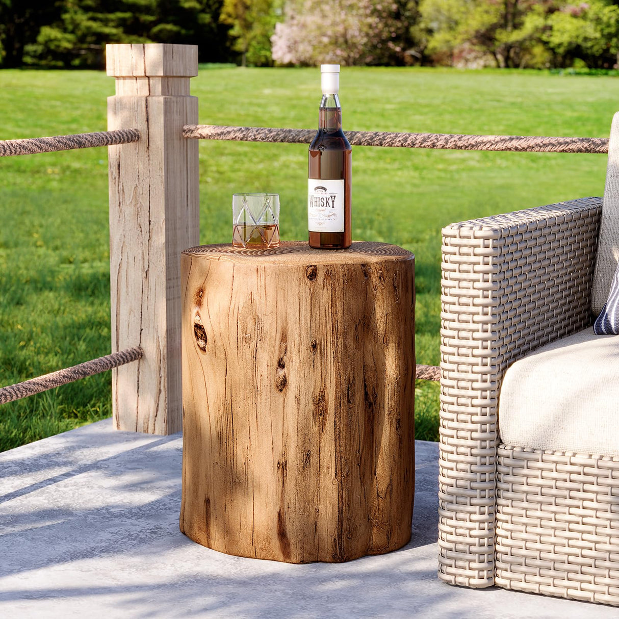 Concrete Outdoor Side TableSet of 2, 2 Piece Tree Stump Modern Round Coffee Table Accent Table