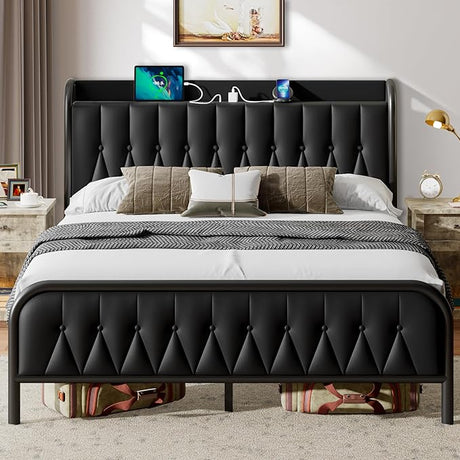 King Size Bed Frame with USB&Type-C Ports, Storage Velvet Button Tufted Headboard