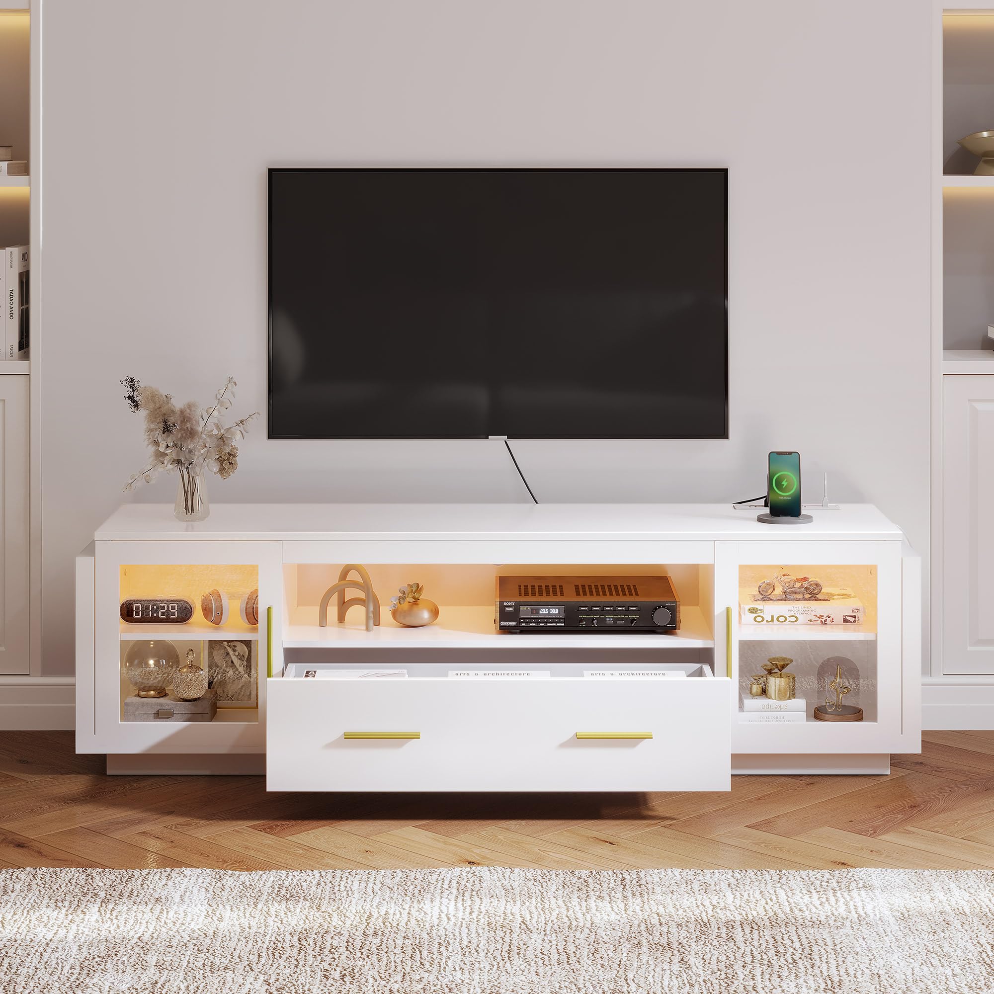 LED TV Stand with Power Outlets, Modern Entertainment Center Media Console