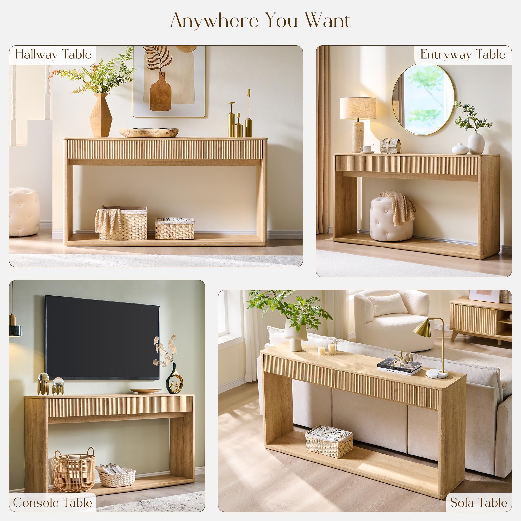 63" Fluted Console Table with 2 Drawers - Natural Oak