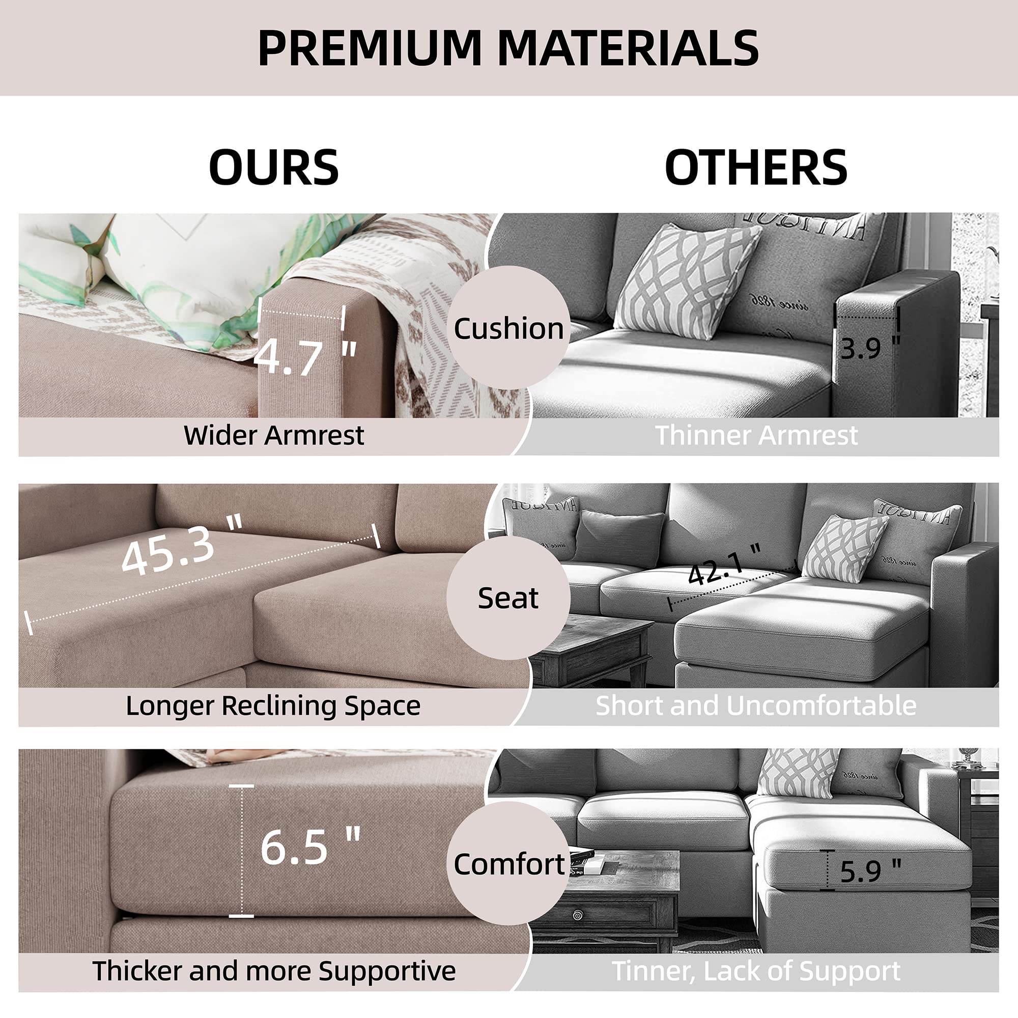 Convertible Sectional Sofa Couch, Modern Linen Fabric L-Shaped Couch 3-Seat Sofa