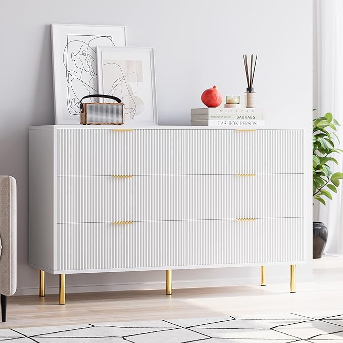 White 6 Drawer Dresser for Bedroom, 56” Wide Wood Dresser
