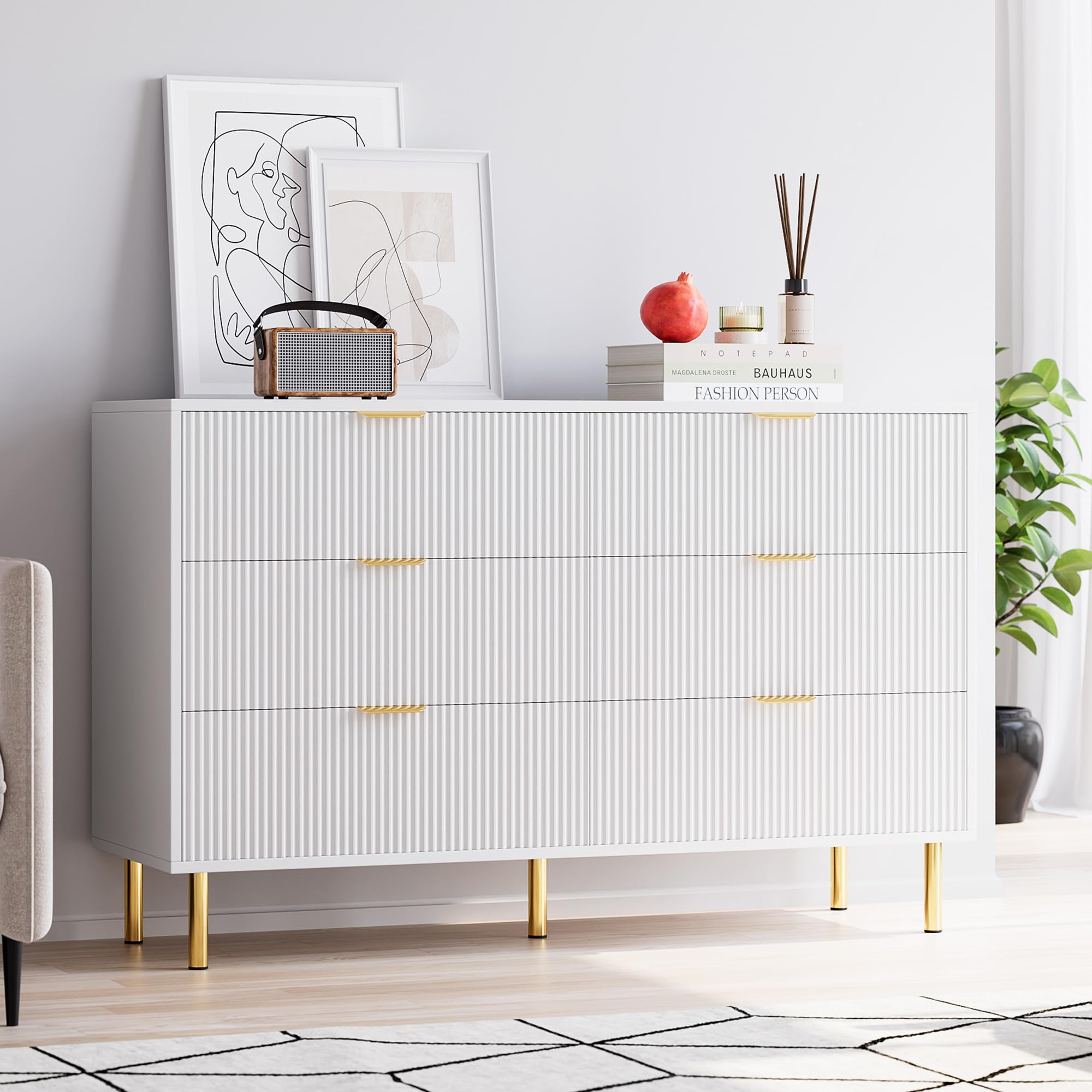 White 6 Drawer Dresser for Bedroom, 56” Wide Wood Dresser