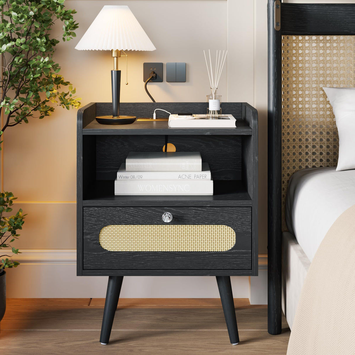 Diamond Décor Nightstands Set of 2 with Charging Station, Rattan Bedside