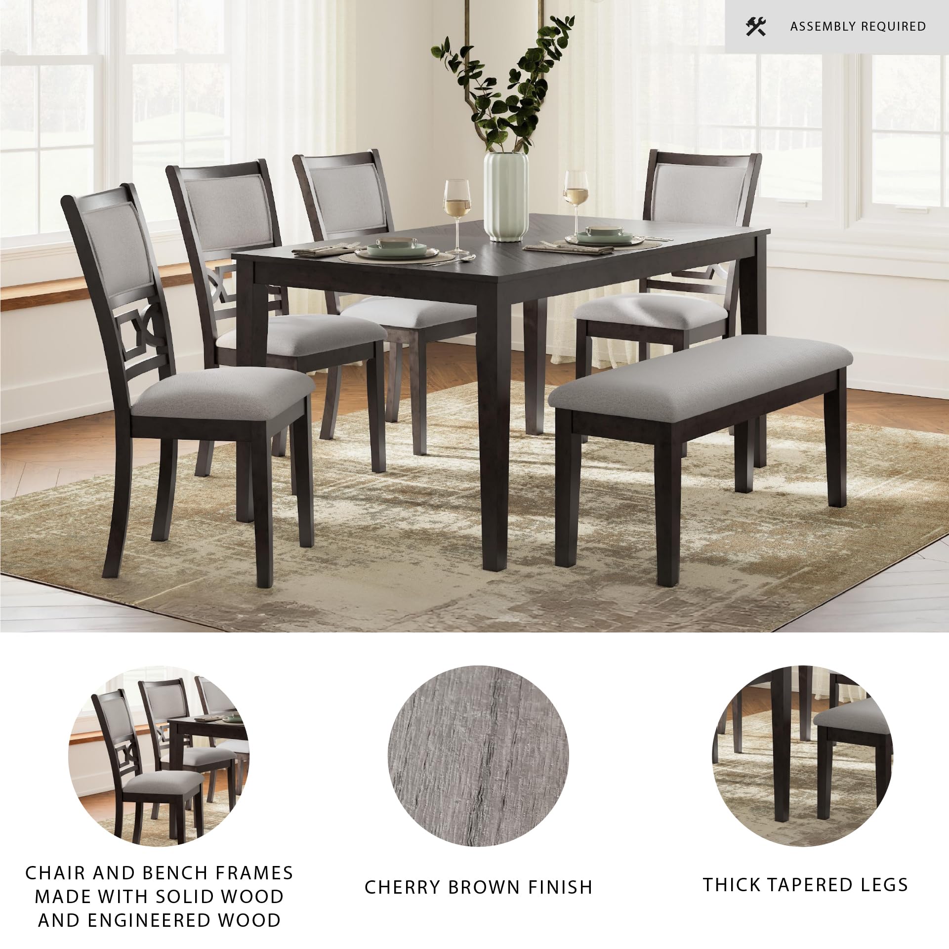 Langwest 6-Piece Dining Room Set with Upholstered Chairs and Bench