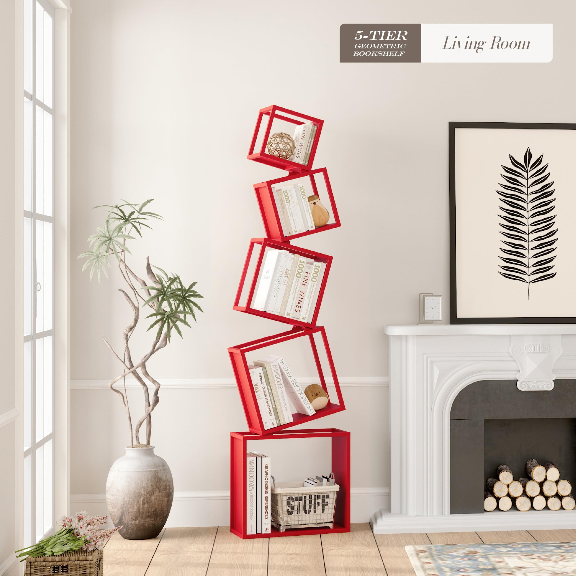 Bookshelf, 5-Tier Geometric Bookcase, 70.6" Tall Red Book Organizer,