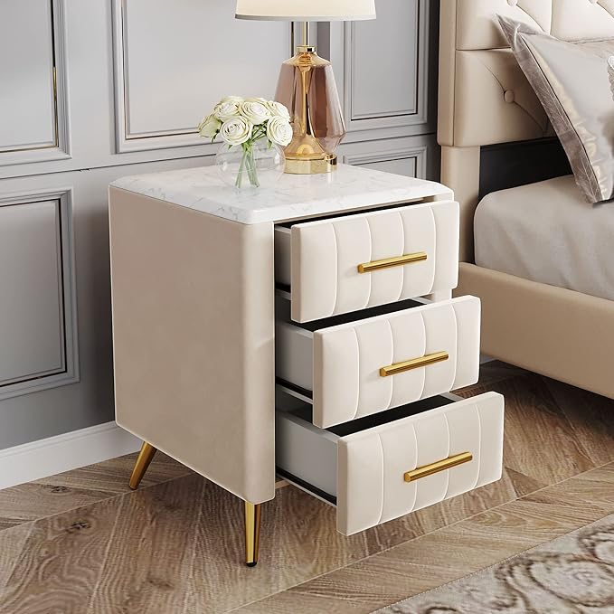 3 Drawers Nightstand with Metal Legs&Handles,Upholstered Nightstand with Faux Marble