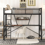 Full Size Loft Bed with Built-in Desk and Storage Shelf