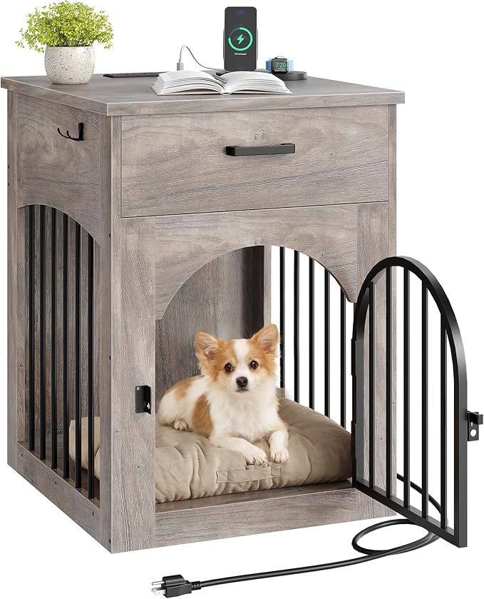 Wooden Dog Crate Furniture with Charging Station & Storage