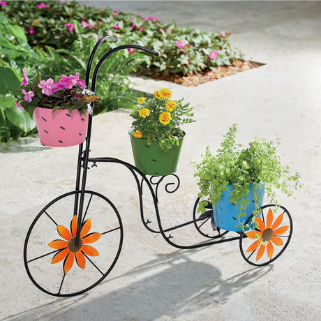 Bicycle Planter Stand, Metal Flower Pot Cart Holder with 3 Plant Bucket Outdoor Decorative