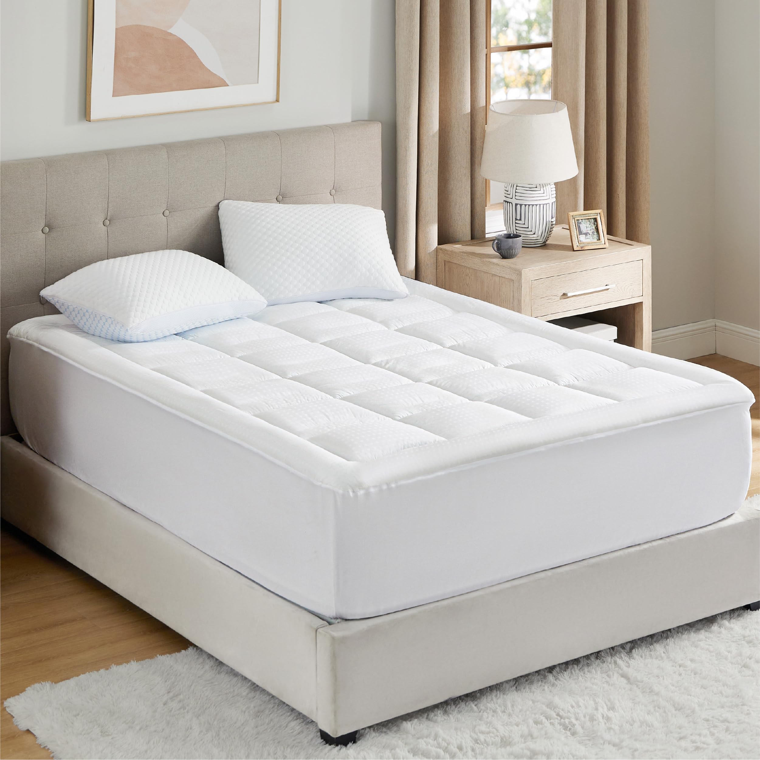 Mattress Pad Full Size - Breathable Cotton Mattress Topper, Quilted Fitted Mattress Cover with Deep Pocket Fits 8-21 Inch Mattress, Soft Double Fluffy Pillow Top, White