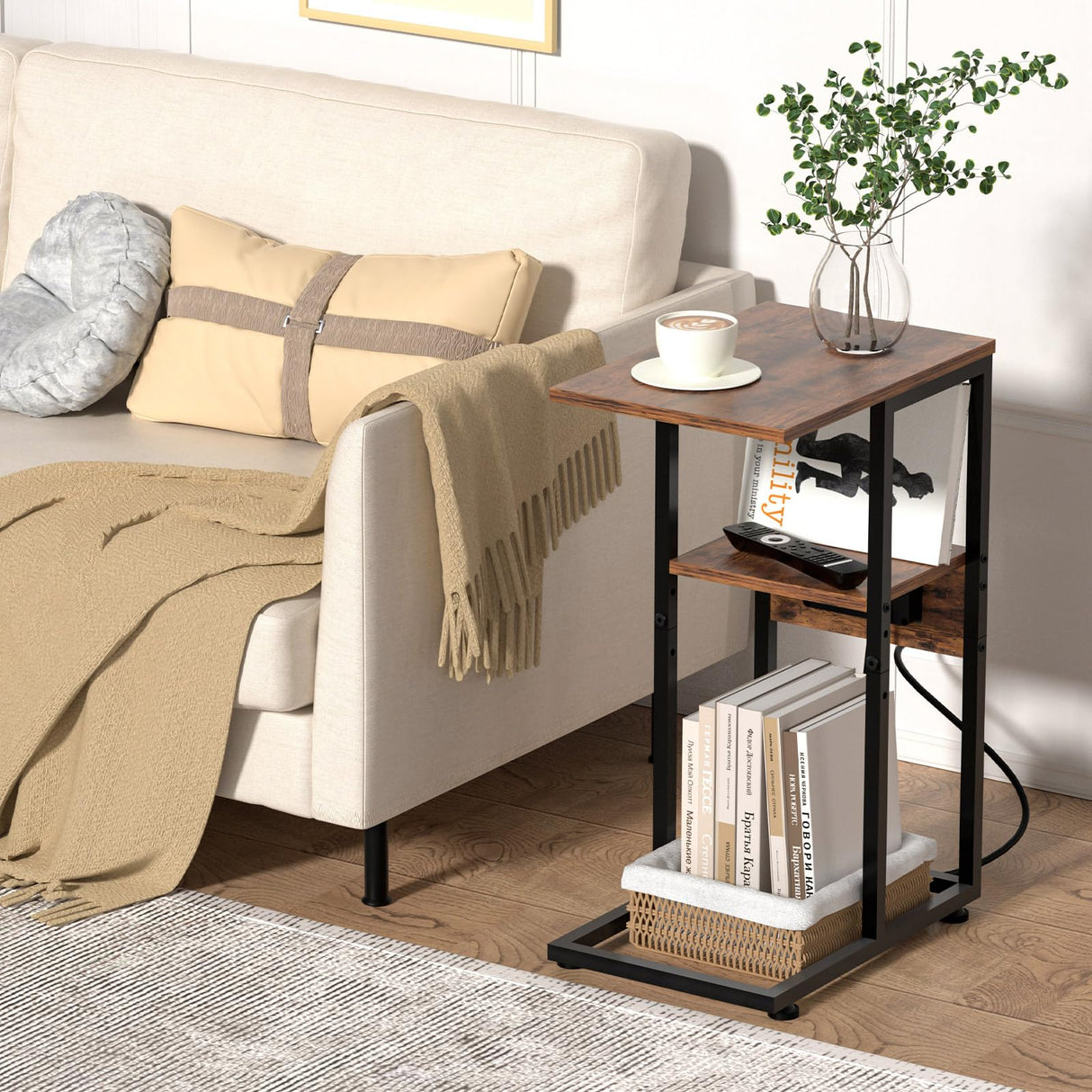 C Shaped End Table with Charging Station,Side Table for Couch