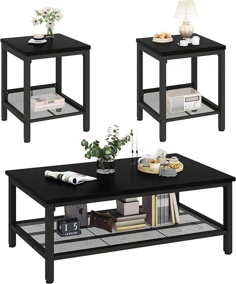 3 Pieces Coffee Table Set, Industrial Coffee Table with 2 Square End Side Tables