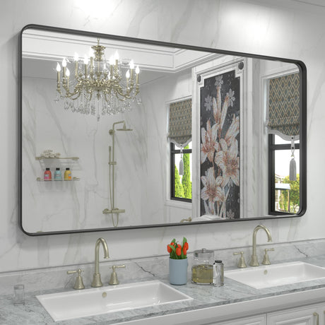 60X36 Matte Black Bathroom Mirror, Modern Rectangle Metal Framed Mirrors for Wall