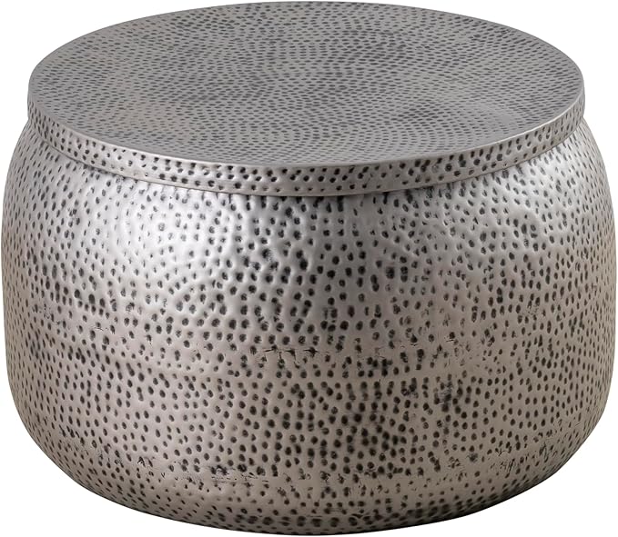 Modern Round Aluminum Hammered Embossed Texturing Metal Drum Side Table