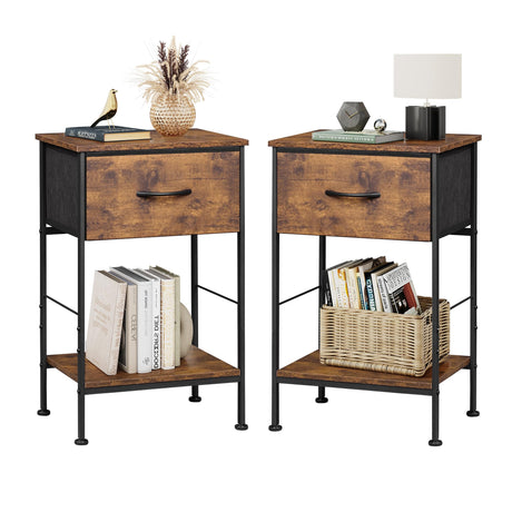 Nightstand Set of 2, End Table with Fabric Storage Drawer and Open Wood Shelf, Bedside