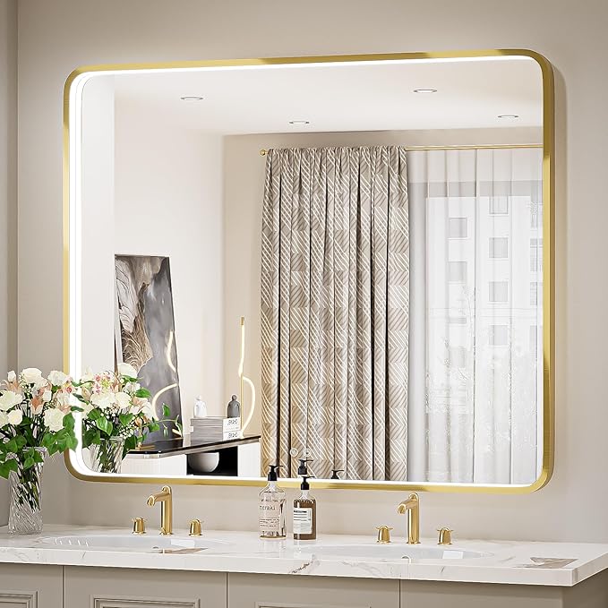 36x24 Inch LED Bathroom Mirror with Lights, Black Metal Frame Mirror